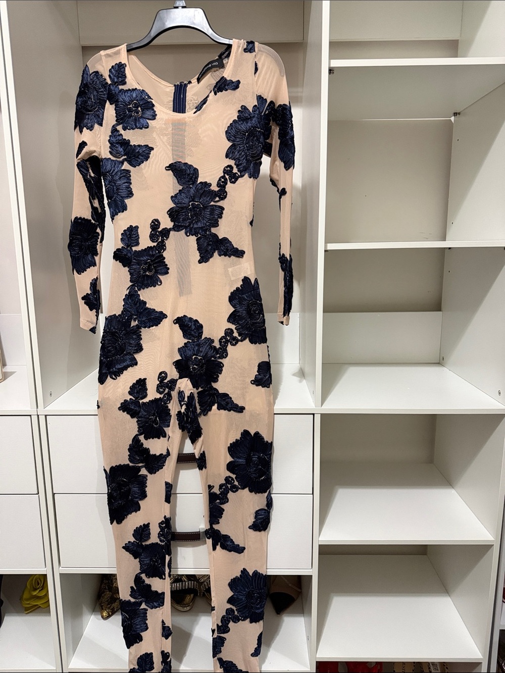 Nude Jumpsuit with Navy Floral Appliqué